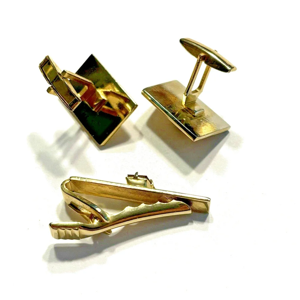 Vintage Mid Century Tie Bar & Cuff Links Mens Jewelry Set Gold & Red Rhinestones
